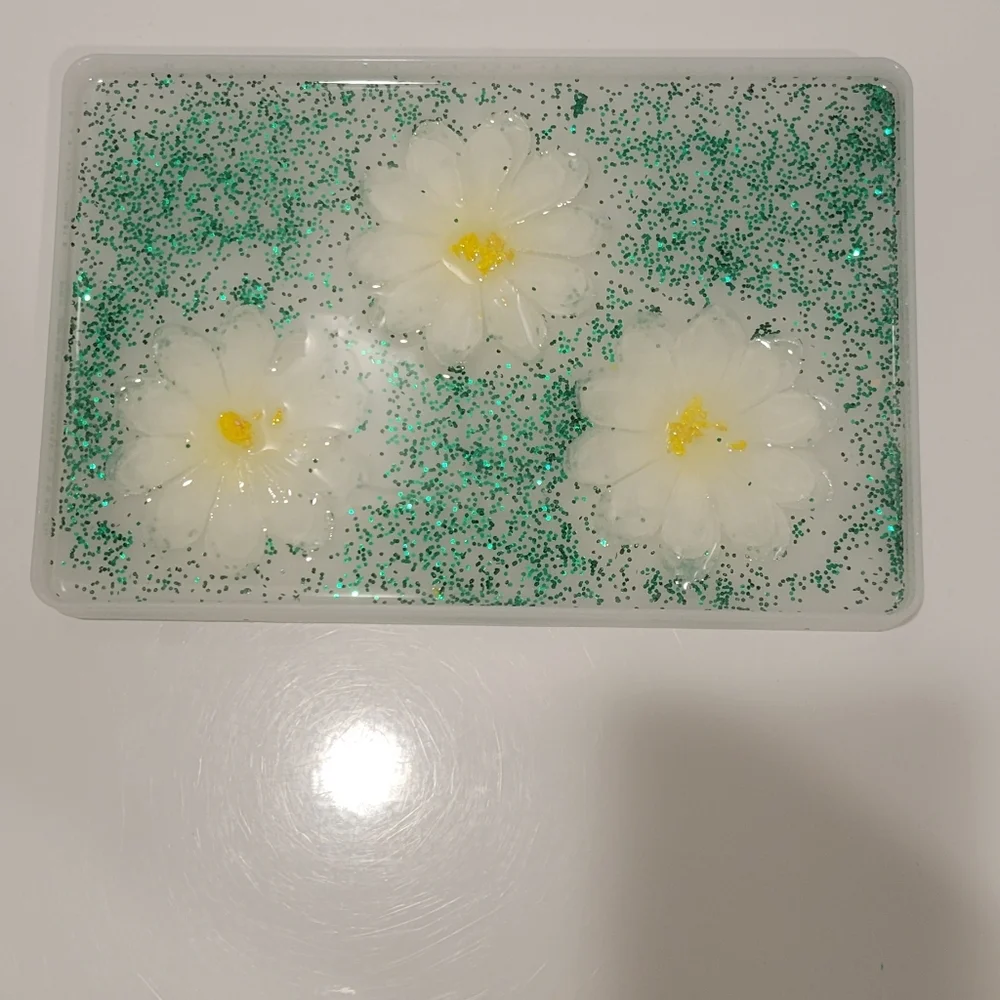 Floral Resin Tray with Green Glitter